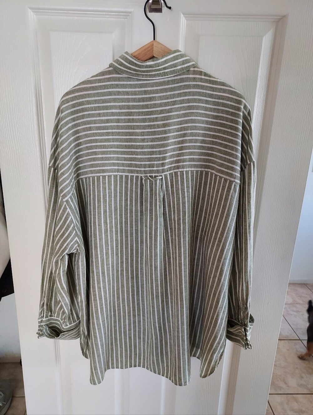 Zara Olive & White Vertical Stripe Button-Down Shirt - Picture 2 of 5